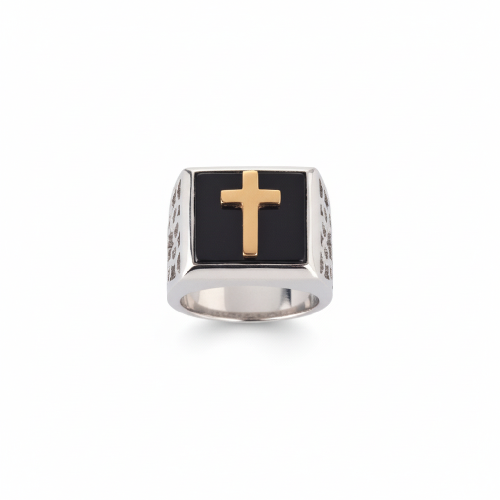 Agata Ring Cross - Silver with Black Onyx and Gold Cross