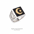 Agata Ring Crescent - Silver with Black Onyx and Gold Crescent Moon